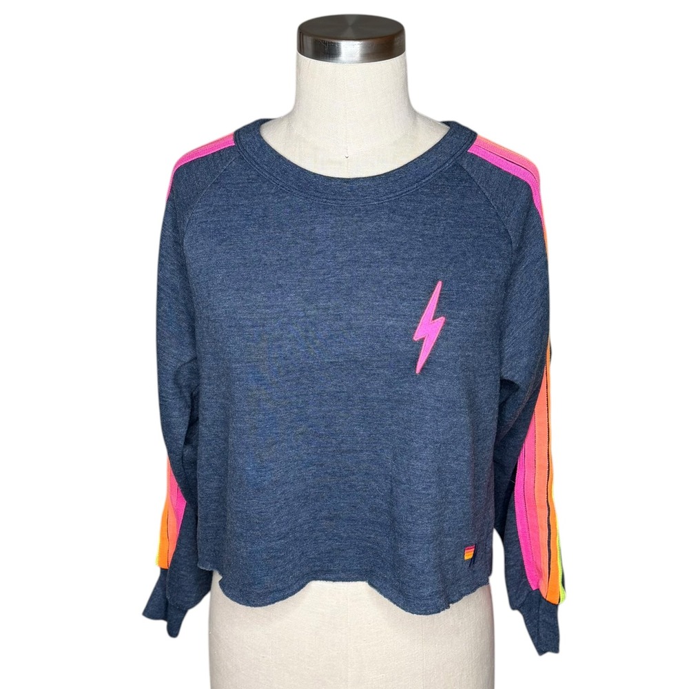 AVIATOR NATION Bolt Stitch Cropped Crew Sweatshirt Navy Rainbow Stripe Women's S